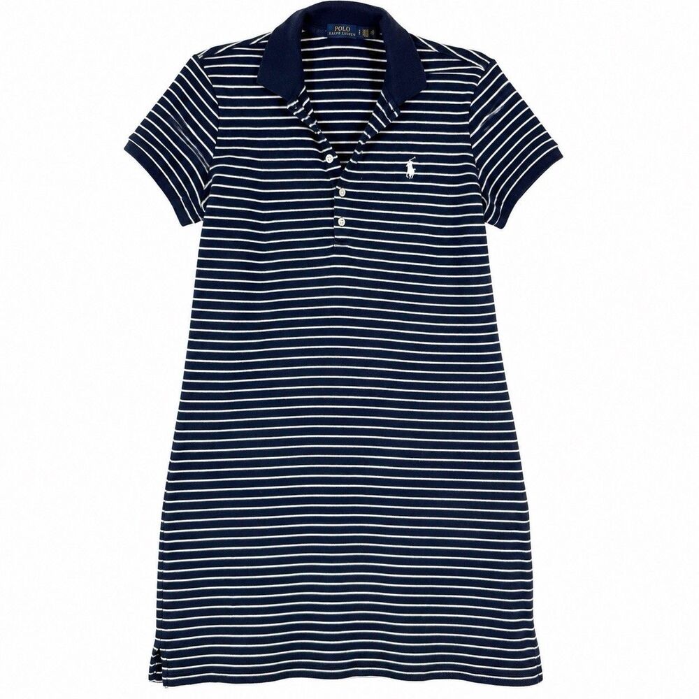 Polo Ralph Lauren Women L Navy White Striped Polo Shirt Dress Preppy Cotton